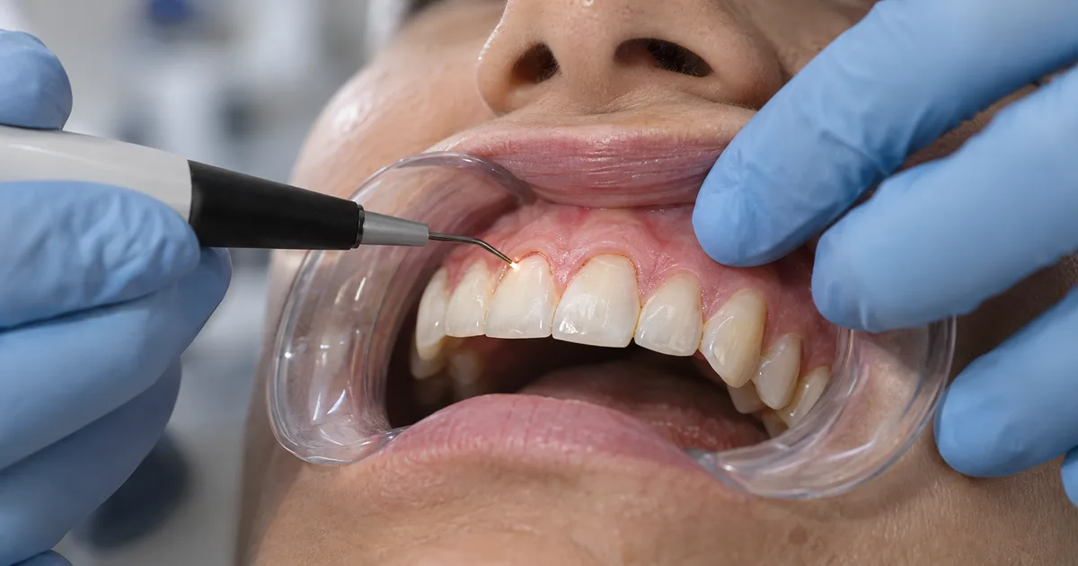 Instrumento odontológico remodelando a linha da gengiva ao redor dos dentes frontais, ilustrando o que é gengivoplastia