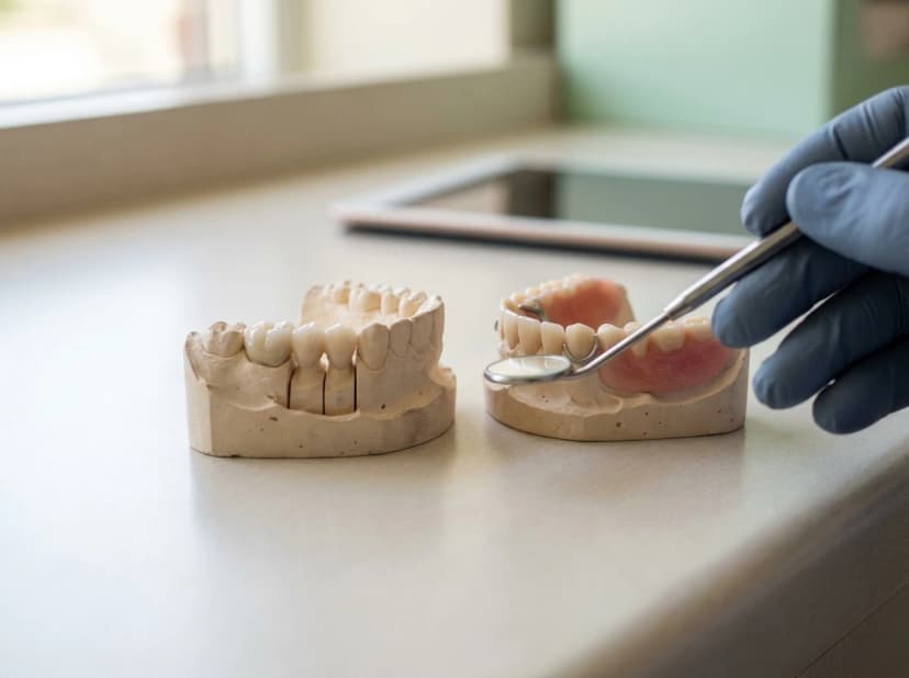 Modelos em gesso mostrando a diferença entre prótese fixa ou removível, com uma ponte fixa de porcelana ao lado de uma prótese parcial removível durante a consulta