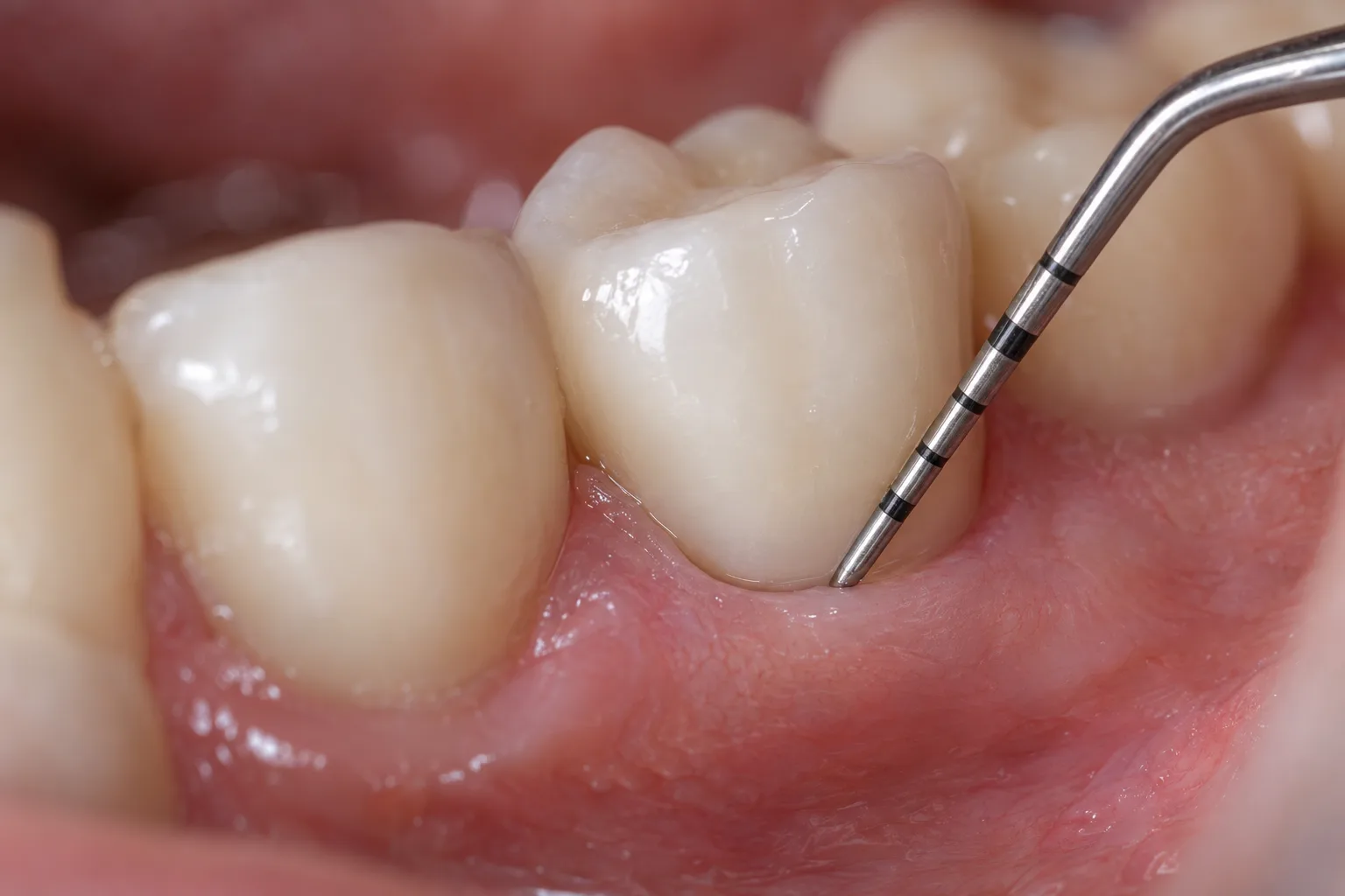 Sonda periodontal medindo a margem da gengiva ao redor da coroa sobre implante, close que ilustra a manutenção do implante dentário.