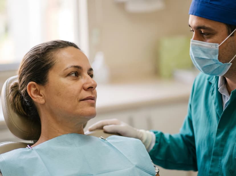 Paciente tranquila na cadeira odontológica ouvindo o dentista explicar o que sentir antes do canal, tema do tratamento de canal dói e como controlar a dor