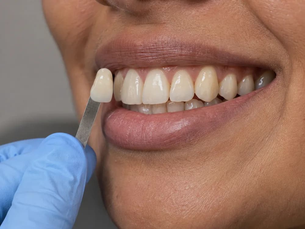 Escala de cor comparada ao sorriso da paciente na reavaliação, ao lado do registro inicial