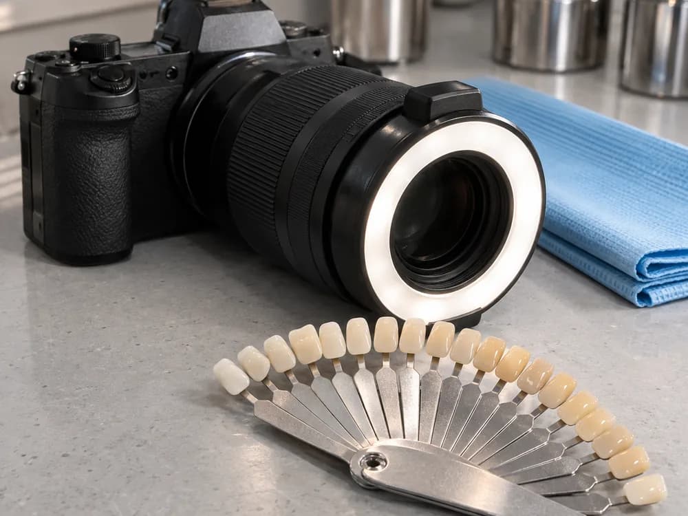 Escala de cor padronizada e câmera com ring flash usadas para registrar o tom inicial no prontuário