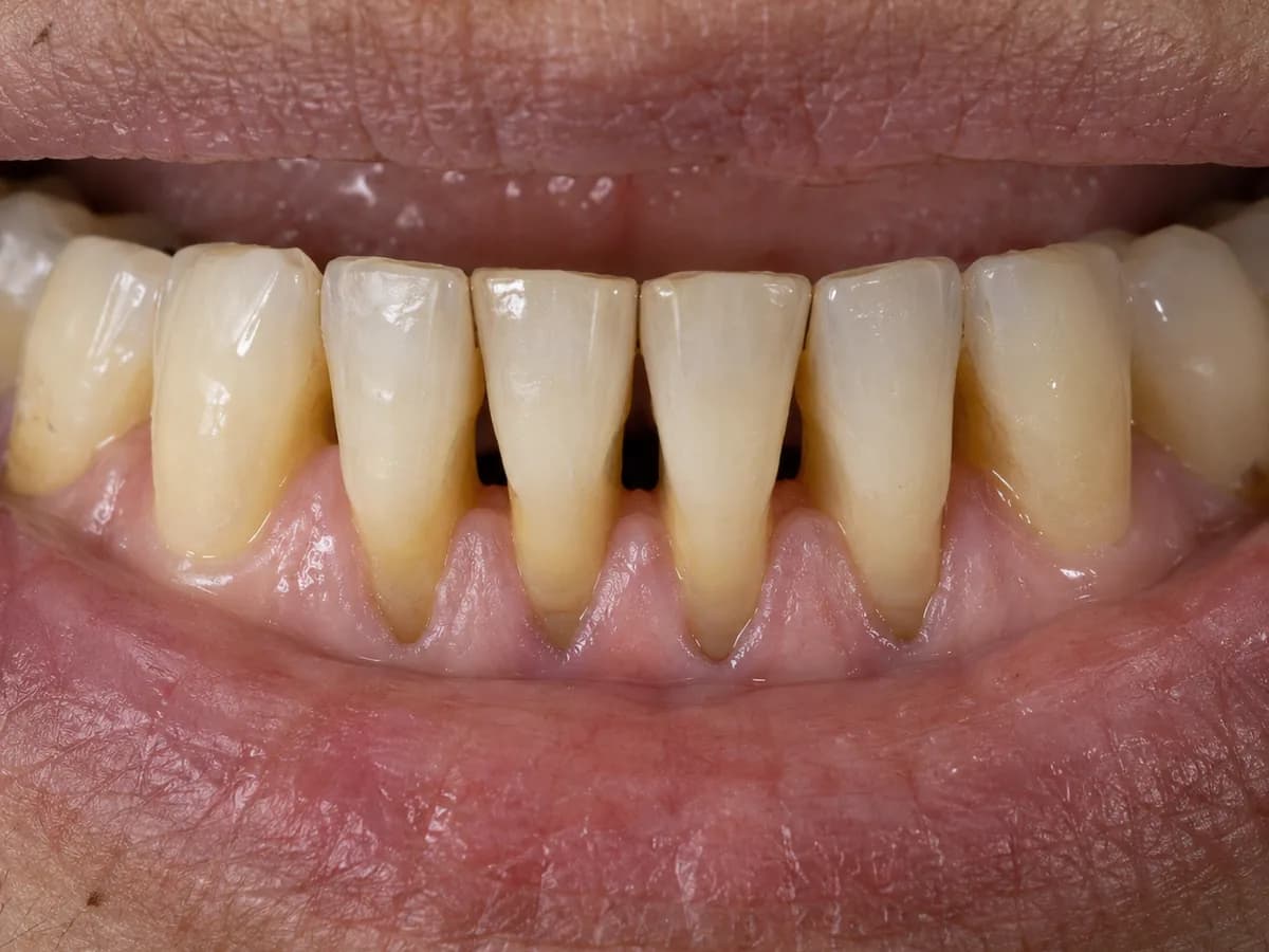 Retração gengival na arcada inferior, com raízes expostas e gengiva sem inflamação, quadro avaliado na Prodentex, em Joinville