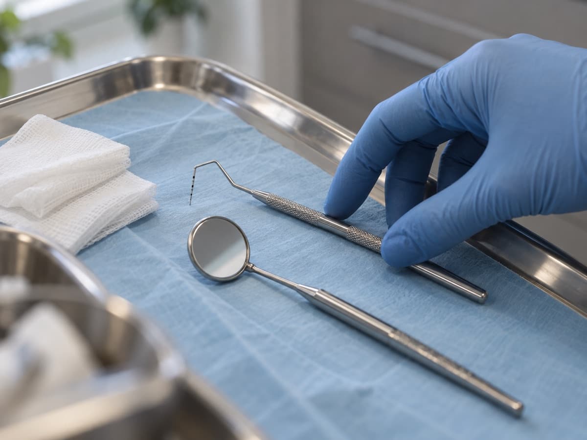 Sonda periodontal milimetrada e espelho preparados para a avaliação da gengiva, na Prodentex, em Joinville