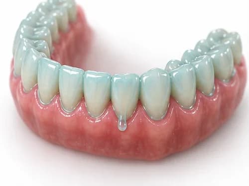 Aplicação de flúor: película de verniz fluoretado cobrindo os dentes recém-limpos