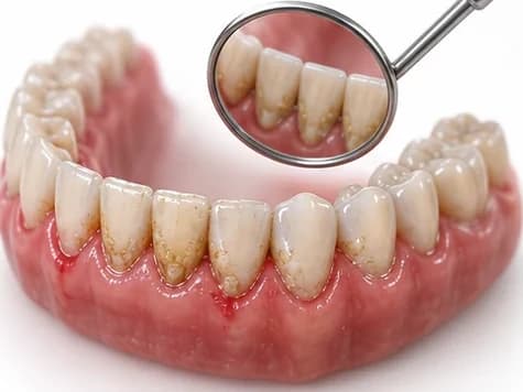Avaliação de dentes e gengiva antes da limpeza dental em Joinville, com placa bacteriana e tártaro visíveis