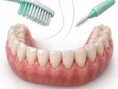 Orientação de higiene: escova macia, fio dental e escova interdental indicados para o caso do paciente