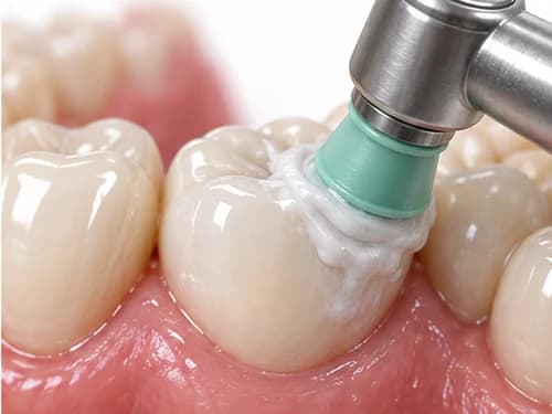 Polimento dental: taça de borracha com pasta profilática devolvendo o aspecto liso ao esmalte