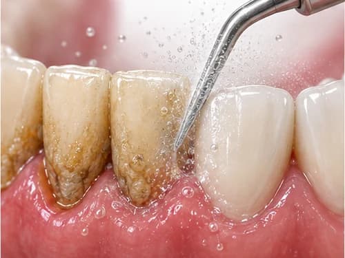 Remoção do tártaro na linha da gengiva com instrumento de raspagem e irrigação, durante a limpeza dental em Joinville