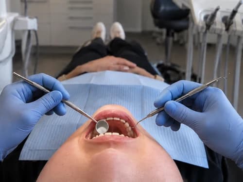 Exame da boca e dos dentes que ficaram, na cadeira, antes de definir o tipo de prótese