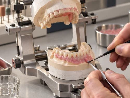 Protético montando a peça sobre os modelos em articulador, no laboratório da própria clínica