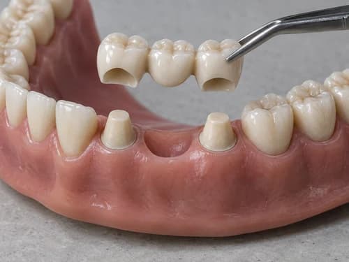 Ponte fixa de três elementos posicionada sobre os dois dentes preparados, com o dente suspenso no meio