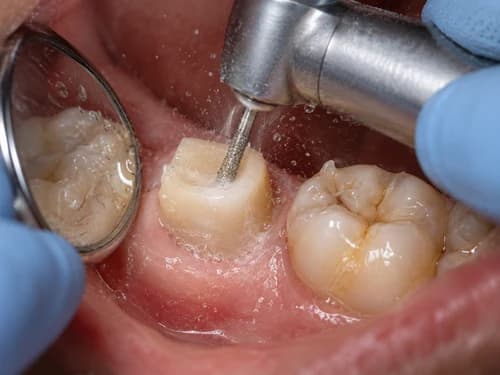 Preparo do dente que vai receber coroa, antes de a peça definitiva entrar