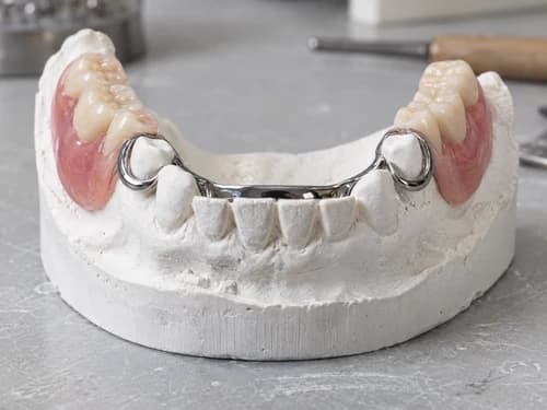 Prótese parcial removível com grampos metálicos apoiada nos dentes que ficaram, sobre modelo de gesso