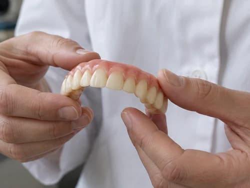 Prótese total removível segurada pelo protético: base de acrílico que reproduz a gengiva e repõe a arcada inteira