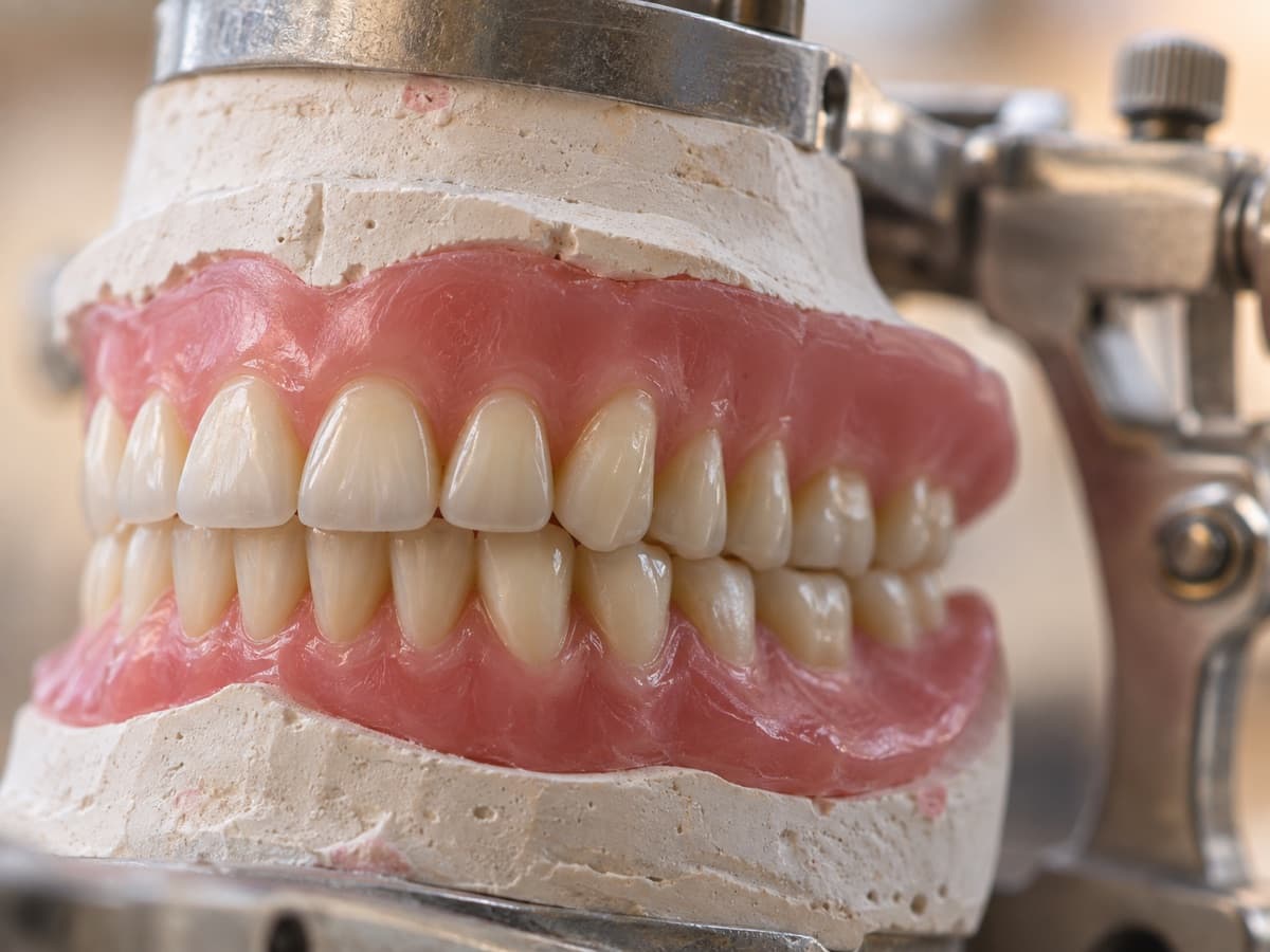 Prótese total montada sobre o modelo de gesso no articulador, no laboratório da Prodentex, em Joinville