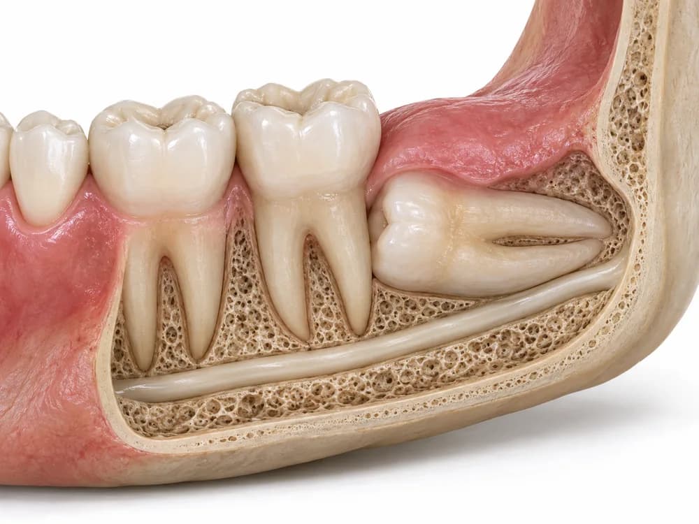 Ilustração de siso incluso deitado na horizontal dentro do osso, encostando no canal do nervo, ao lado do segundo molar