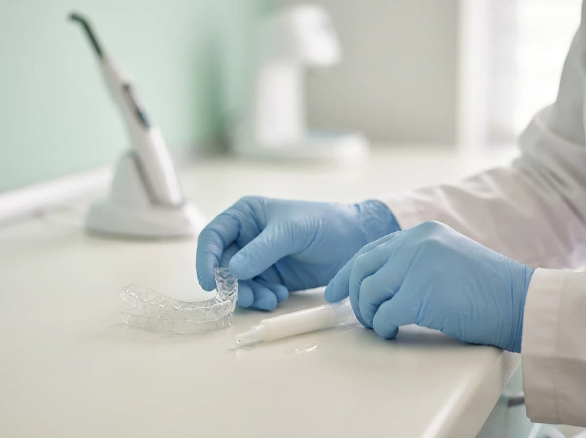 Moldeira transparente de clareamento e seringa de gel nas mãos de uma dentista, sobre a bancada do consultório, ilustrando o clareamento a laser ou caseiro
