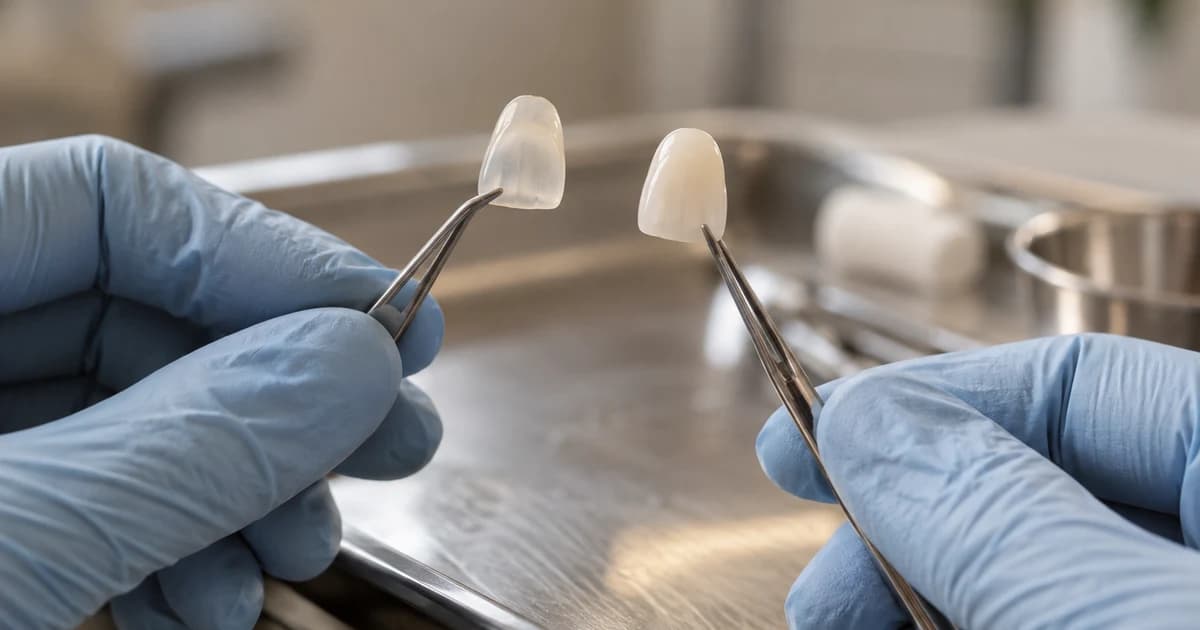 Cirurgiã-dentista comparando lente de porcelana e faceta de resina lado a lado sobre bandeja clínica, para explicar lente de resina ou porcelana