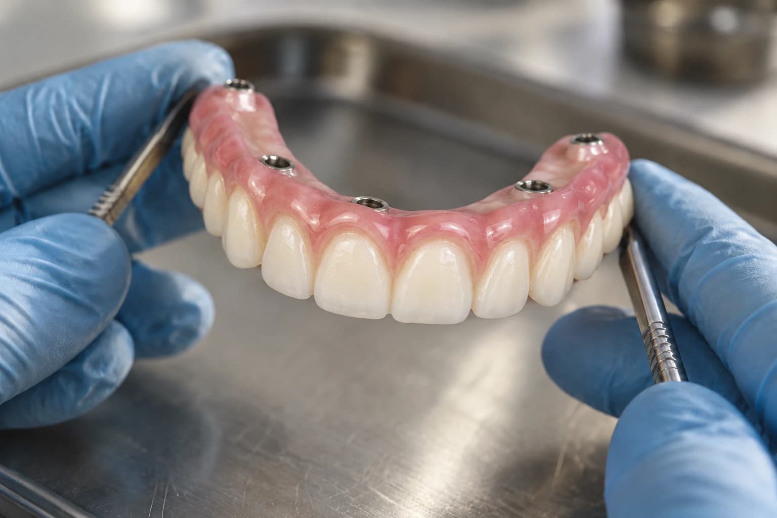 Prótese protocolo em implantes dentários, peça fixa de resina sobre barra de titânio segurada por mãos enluvadas em consultório