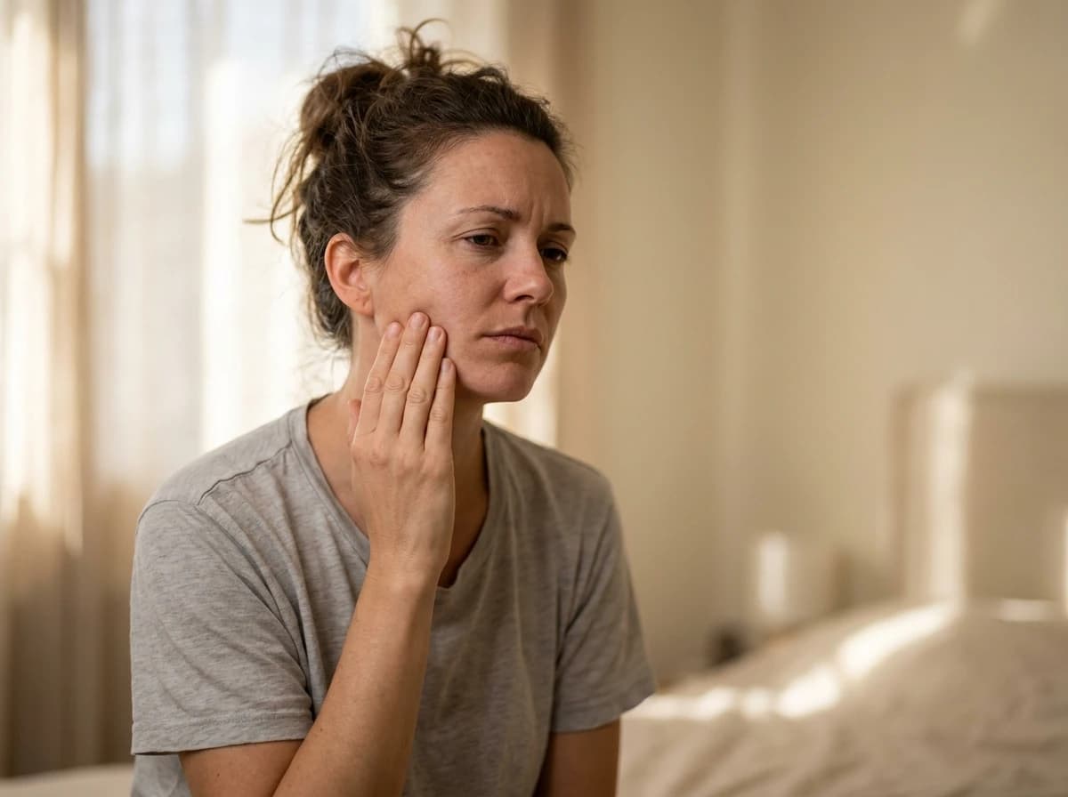 Mulher massageando a lateral da mandíbula ao acordar, um dos sinais de bruxismo como dor e cansaço no rosto