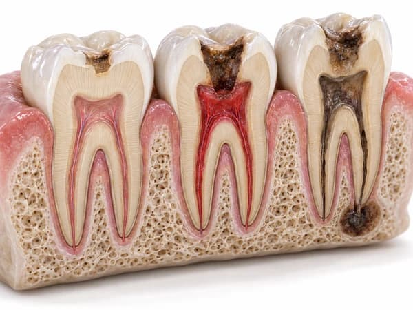 Corte de três dentes: polpa saudável, polpa inflamada pressionada pela dentina e polpa morta com lesão no osso da ponta da raiz
