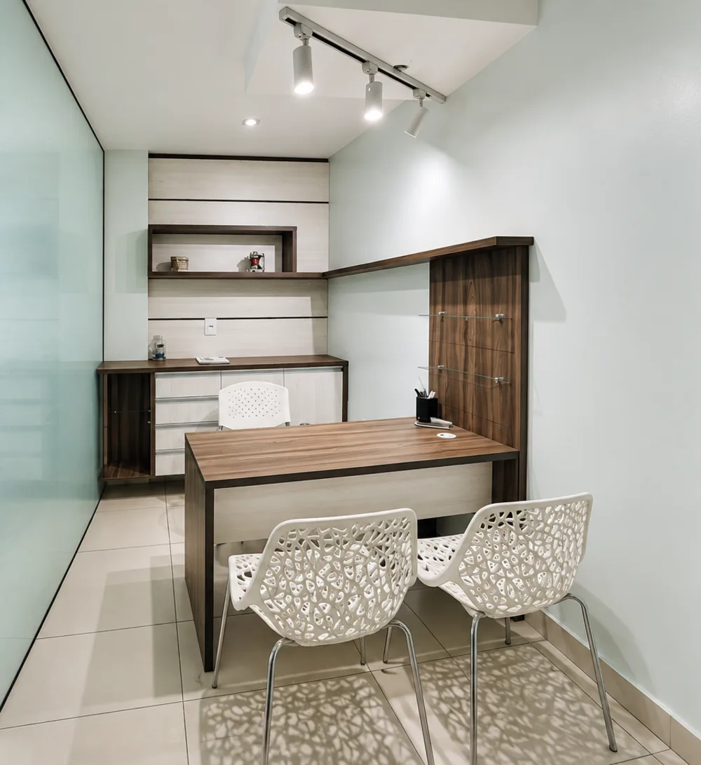 Sala de atendimento da Prodentex, com mesa de madeira e duas cadeiras
