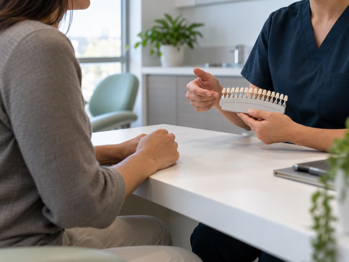 Escala de cor apresentada na consulta de avaliação do clareamento dental, na Prodentex, em Joinville