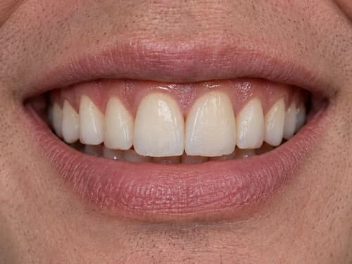 Faceta de resina nos dentes da frente, com a textura esculpida pelo dentista na própria consulta