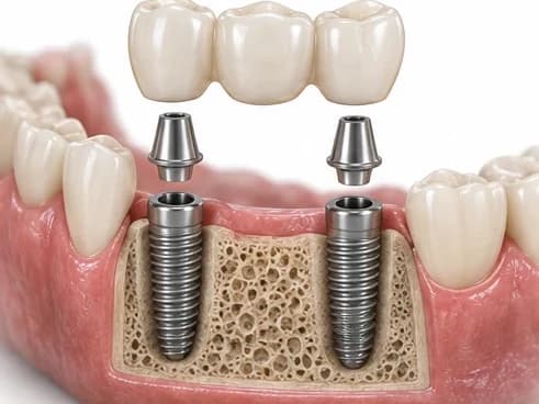 Implante múltiplo: dois pinos de titânio sustentando uma ponte fixa de três dentes