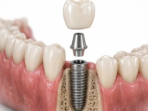 Implante dentário unitário: pino de titânio no osso, pilar e coroa repondo um único dente