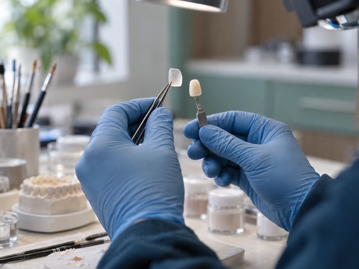 Faceta de porcelana comparada à escala de cor no laboratório protético da Prodentex, em Joinville