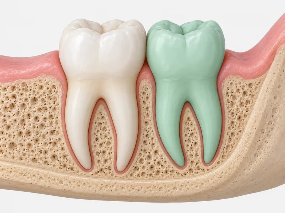 Ilustração em corte da mandíbula com o siso erupcionado, coroa inteira acima da gengiva e alinhada ao segundo molar