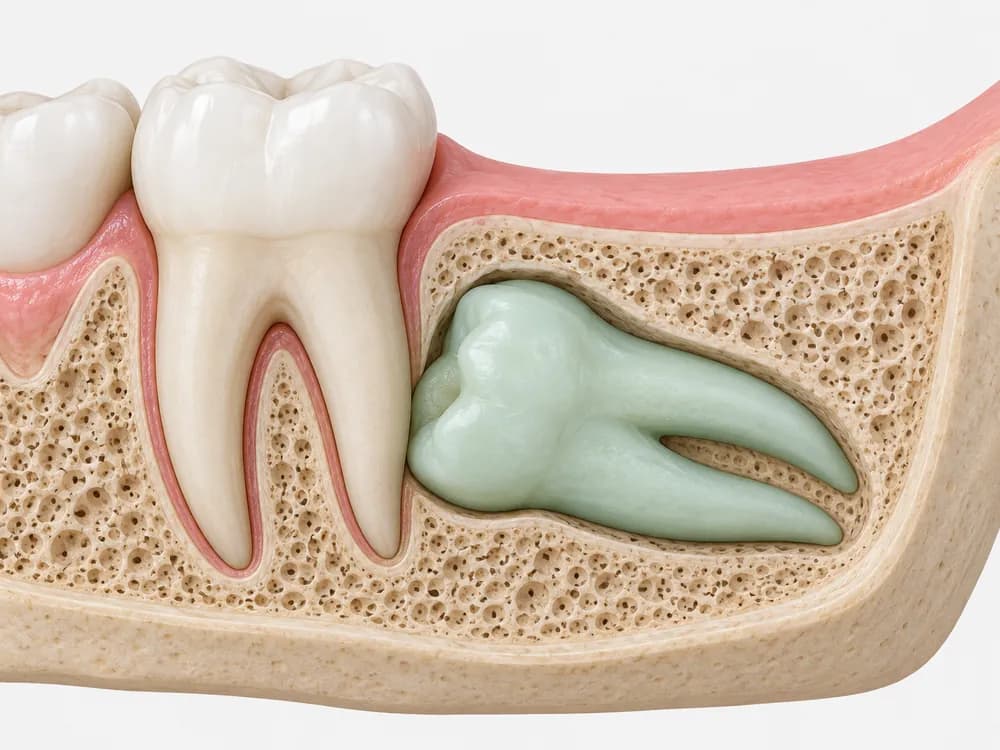 Ilustração em corte do siso incluso, deitado dentro do osso e encostado na raiz do segundo molar
