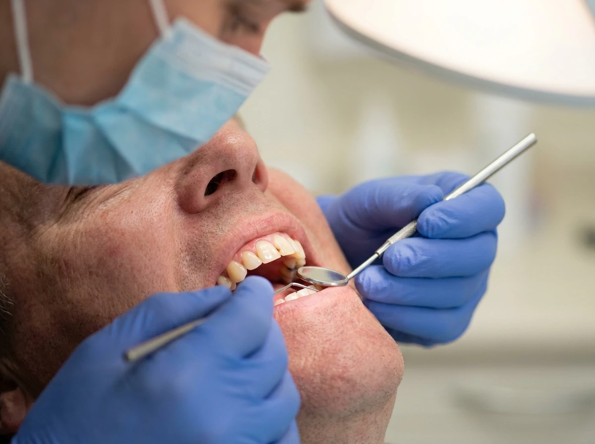 Dentista examinando com espelho clínico e sonda os dentes e a gengiva de um paciente em avaliação antes do clareamento.