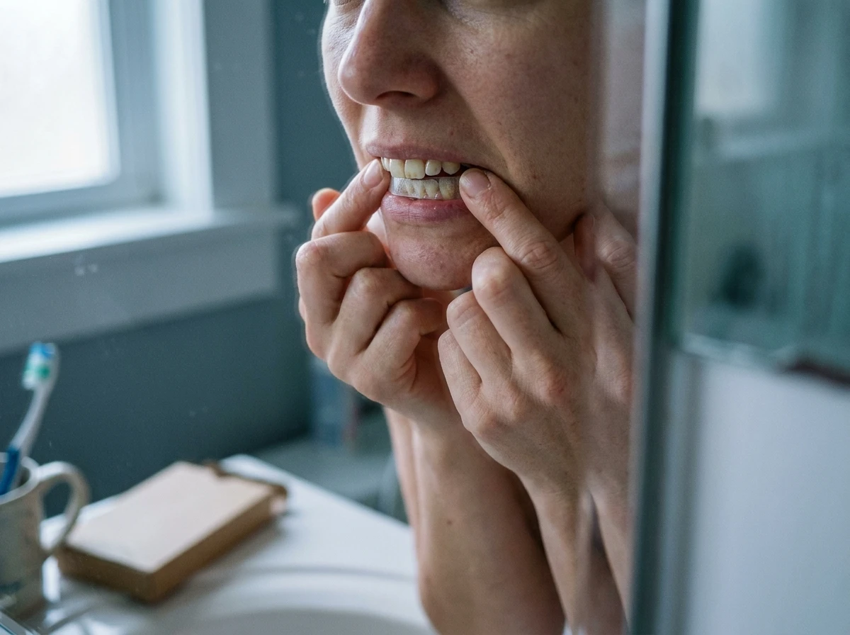 Mulher aplicando uma fita de clareamento de venda livre nos dentes superiores diante da pia do banheiro, sem avaliação prévia de dentista.