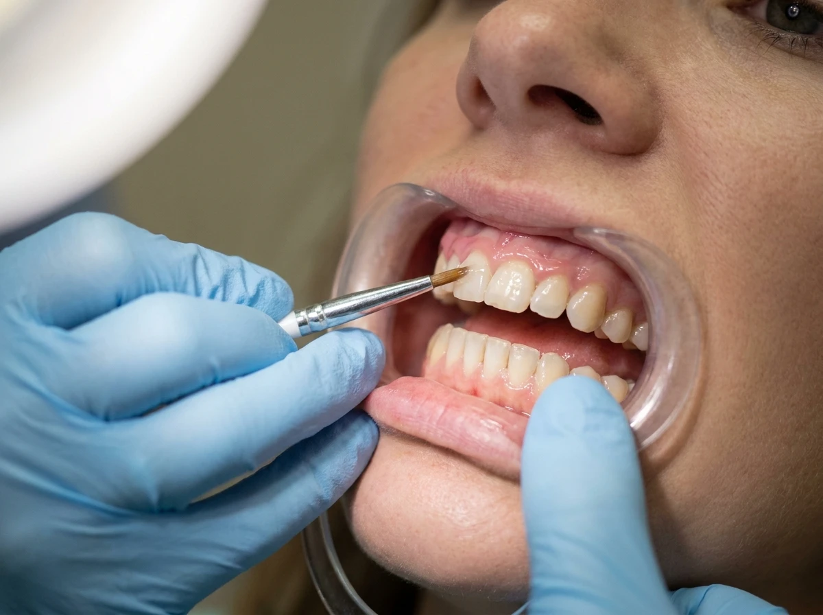 Dentista aplicando gel de peróxido sobre os dentes de uma paciente, com barreira protetora na gengiva, em clareamento de consultório. Tudo para explicar clareamento a laser ou caseiro.