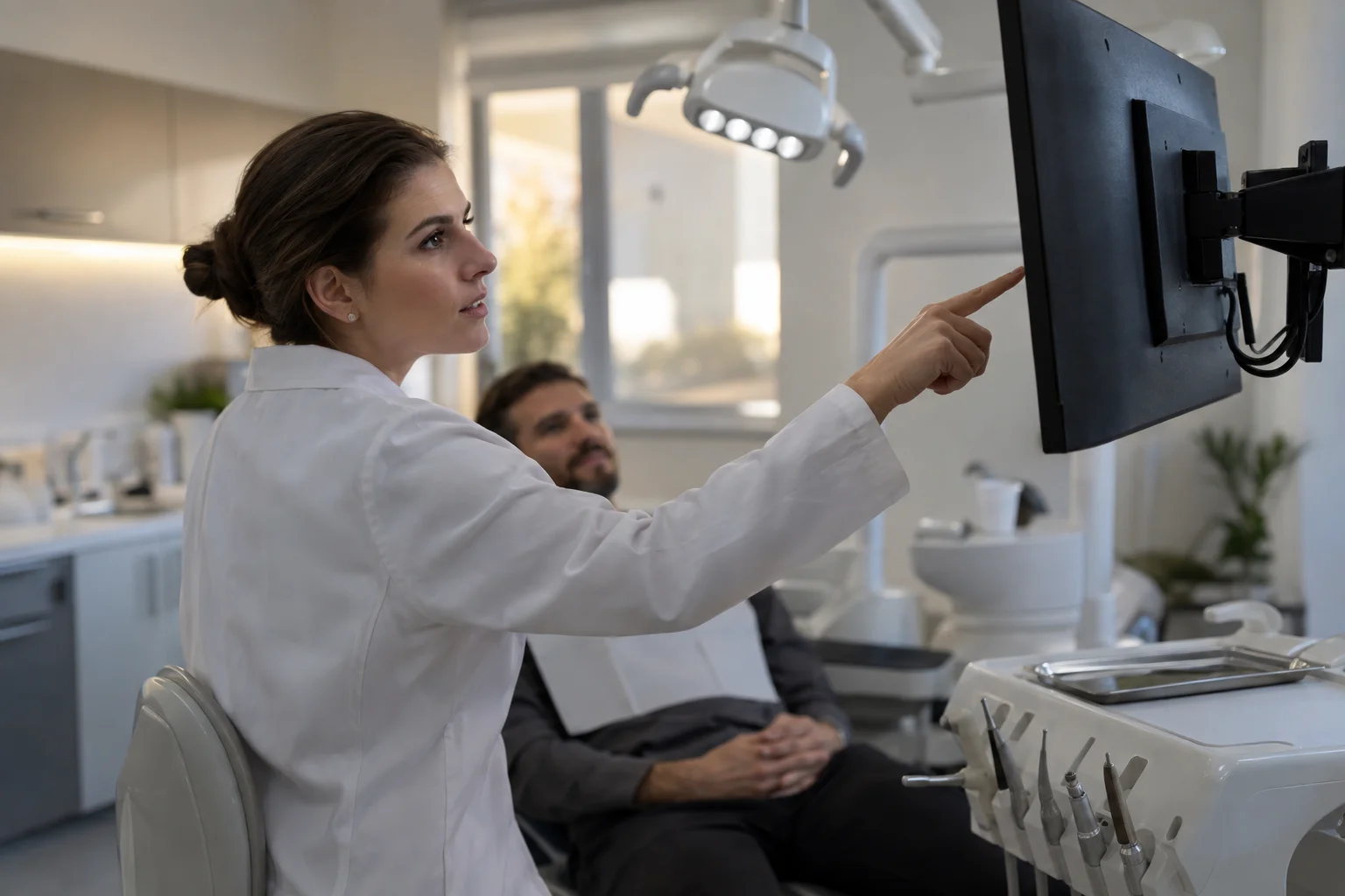 Dentista aponta para radiografia panorâmica ao avaliar a posição do siso antes da cirurgia.
