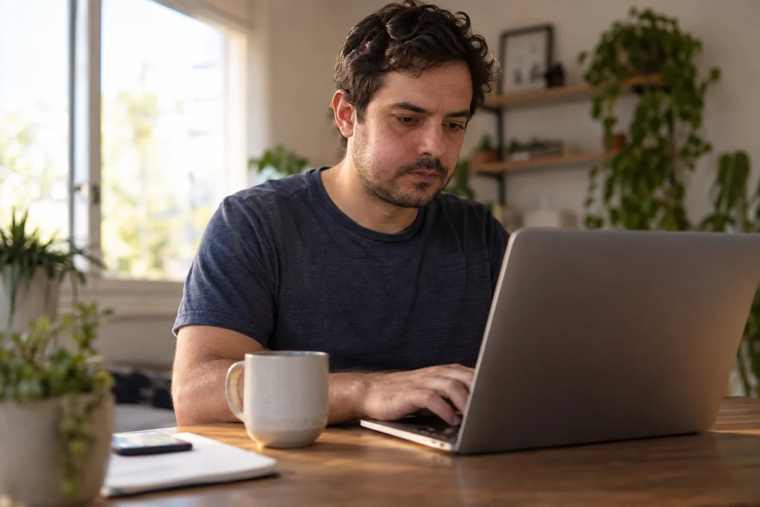 Homem com leve inchaço no rosto trabalhando no notebook em home office pela manhã. Tudo para explicar tempo de recuperação na extração de um siso.