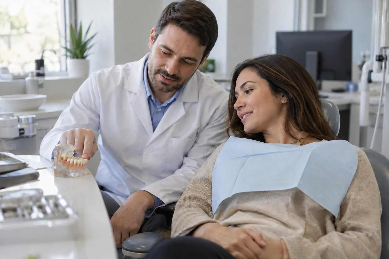 Dentista aponta em um modelo dentário o dente que precisa de restauração enquanto conversa com o paciente.