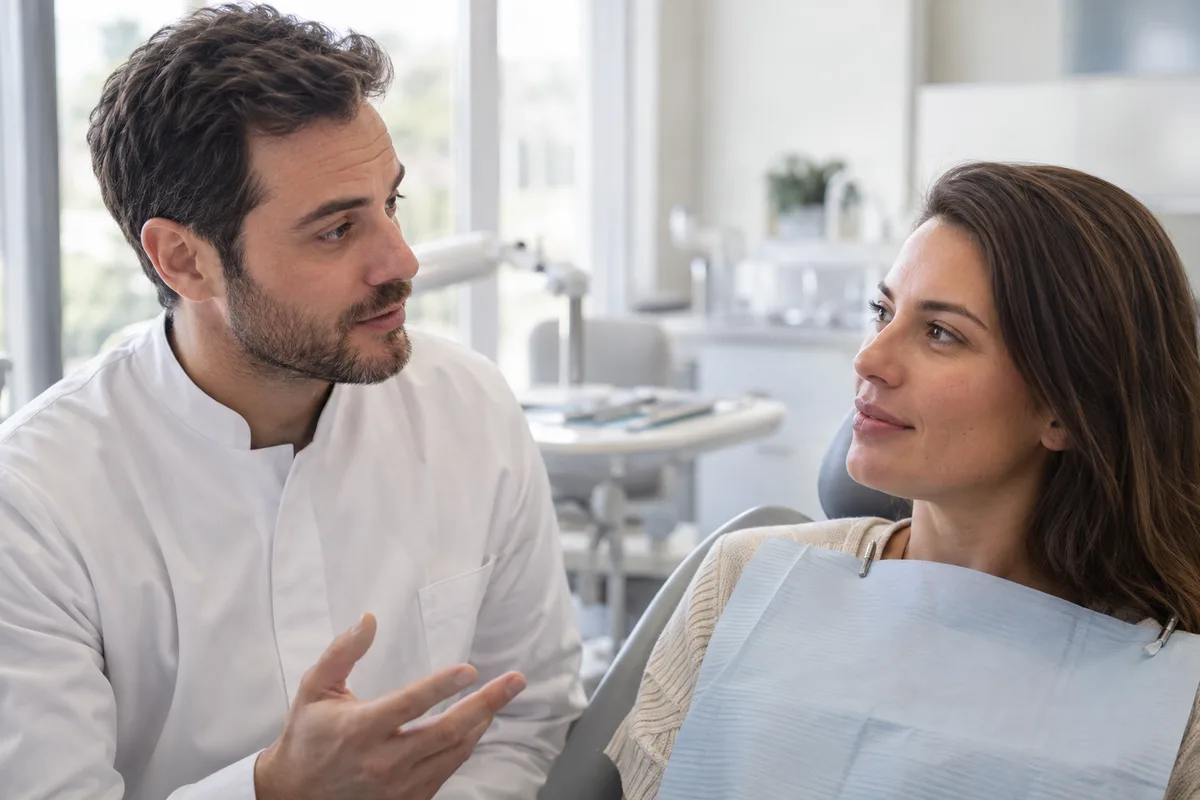Dentista conversando com a paciente após o exame para explicar o plano de tratamento.