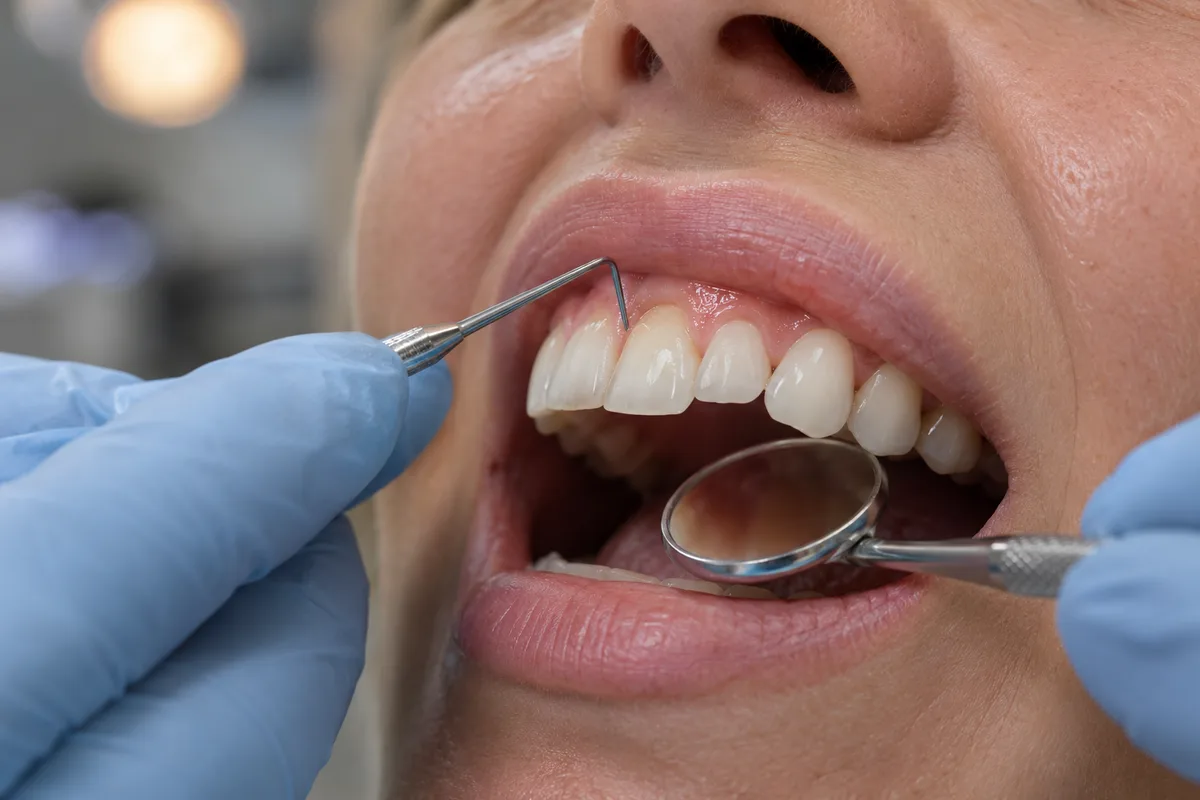 Sonda periodontal encostada na margem da gengiva durante avaliação do contorno ao redor do dente.