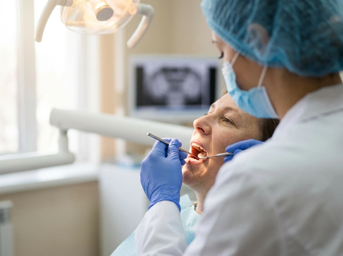 Cirurgiã-dentista de máscara e luvas examinando a boca de um paciente reclinado com espelho clínico, avaliando dentes de apoio e gengiva antes de indicar a prótese.