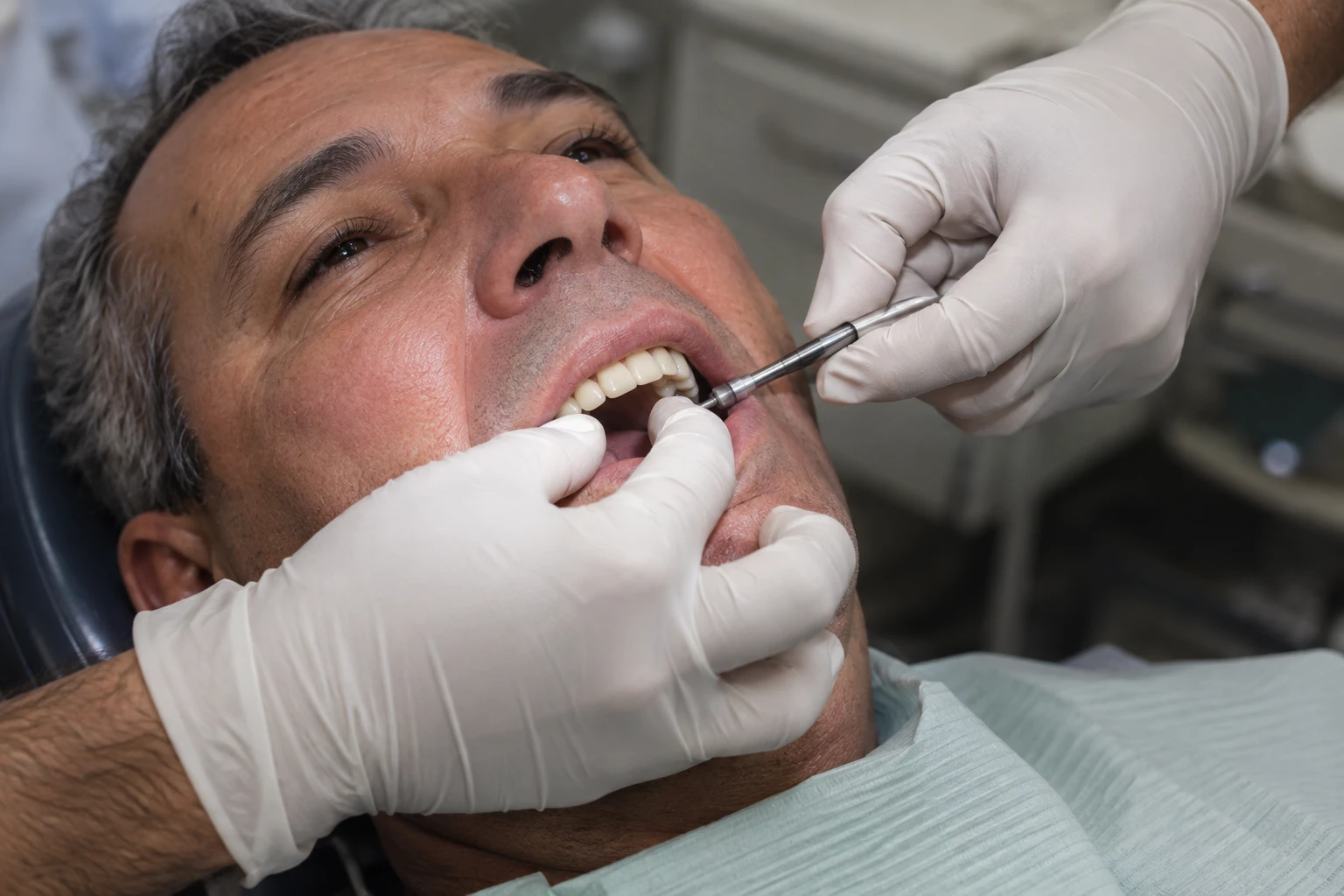 Dentista ajusta prótese provisória fixa na boca do paciente logo após a cirurgia de implantes.