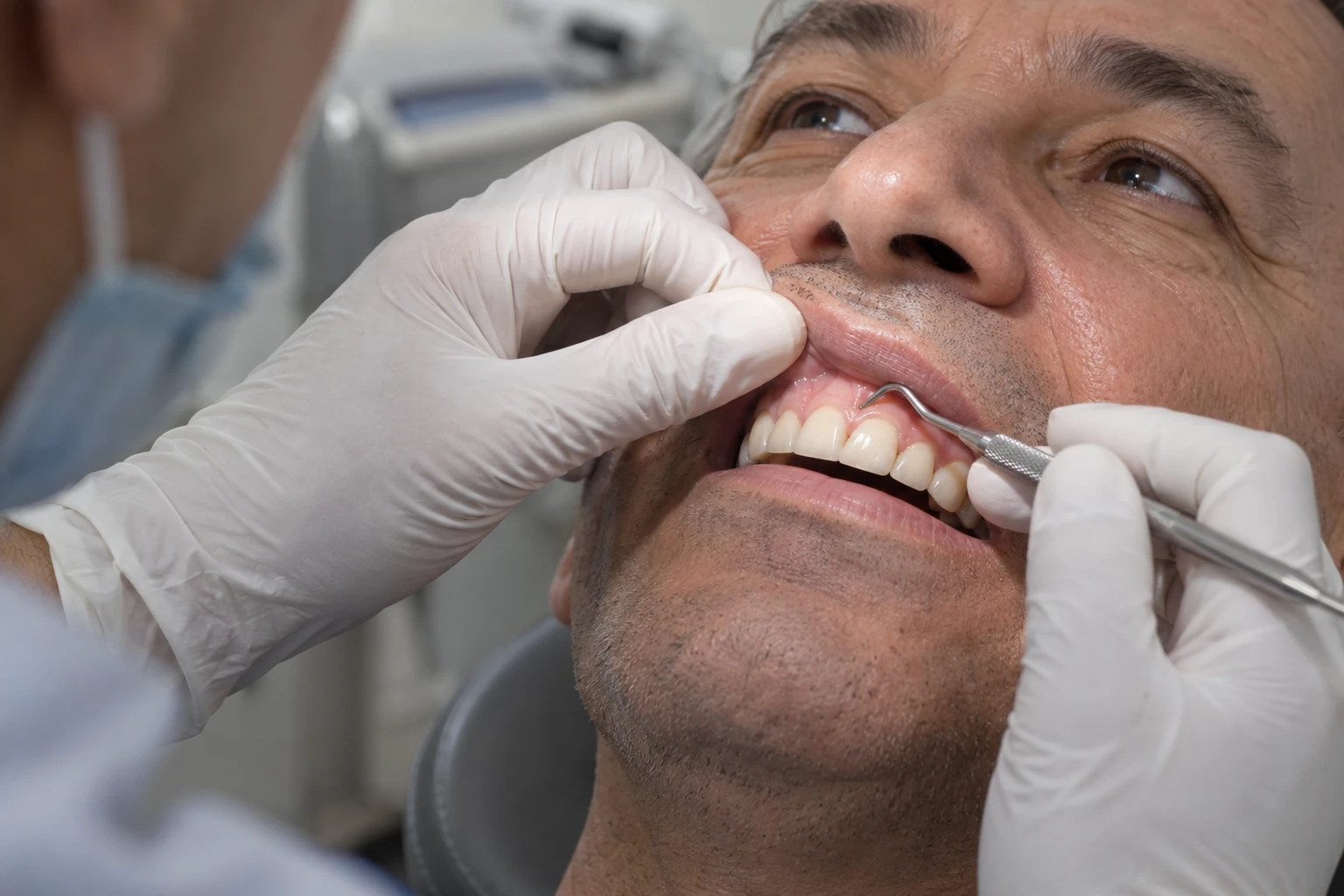 Dentista examina a gengiva do paciente antes de decidir sobre a prótese provisória imediata.