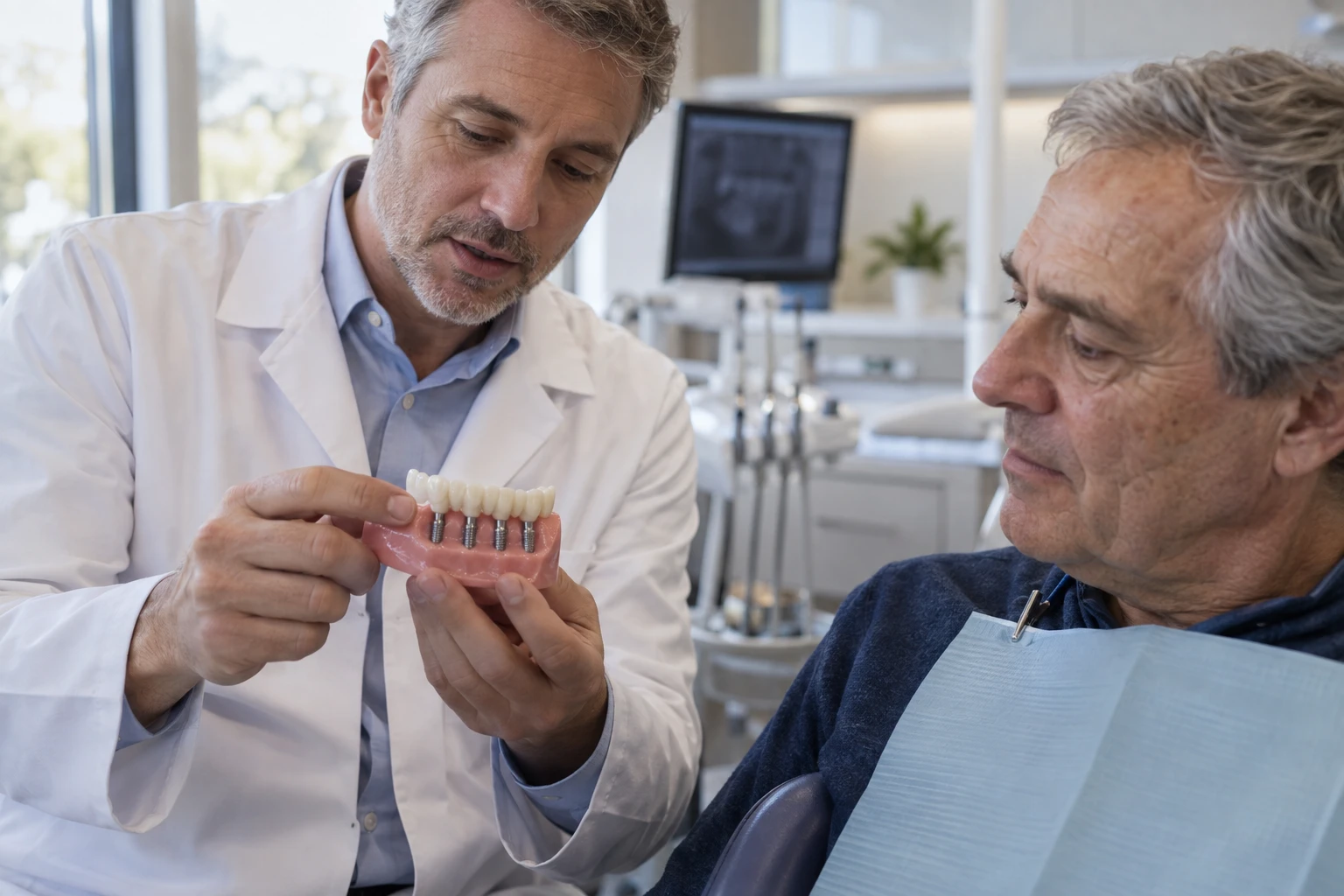 Dentista mostra modelo físico de arcada com implantes de titânio para paciente em consultório. Tudo para explicar prótese protocolo em implantes dentários.