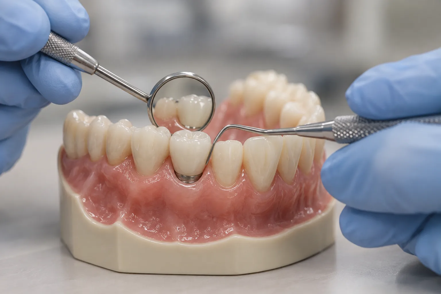Dentista conferindo o encaixe da coroa sobre o implante com espelho bucal e sonda, na consulta de revisão. Tudo para explicar manutenção do implante dentário.