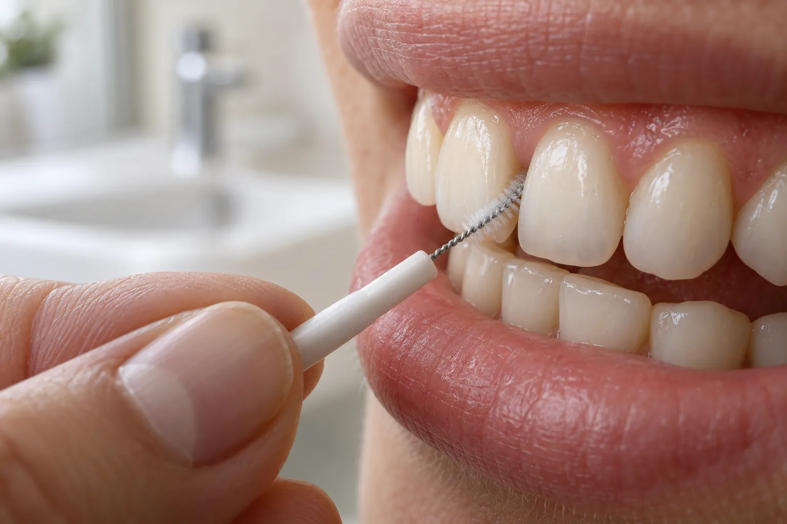 Mão passando escova interdental entre os dentes, na limpeza diária do implante em casa.