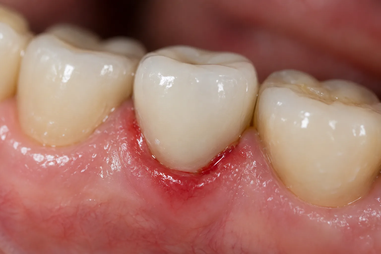Gengiva avermelhada e inchada na margem de uma coroa sobre implante, sinal de mucosite peri-implantar.