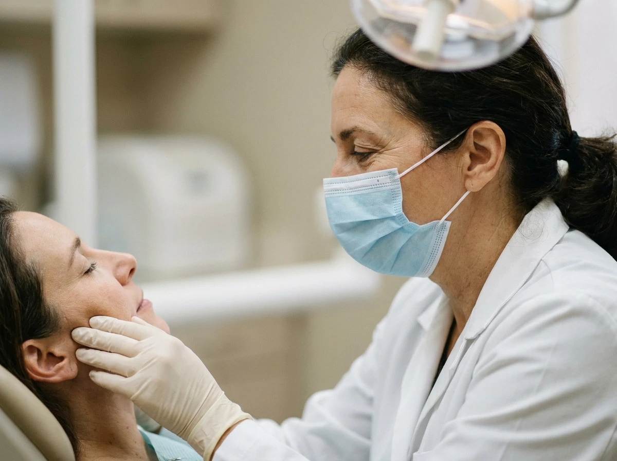 Dentista de máscara e luvas palpando a musculatura da mandíbula de um paciente reclinado na cadeira odontológica durante o exame.
